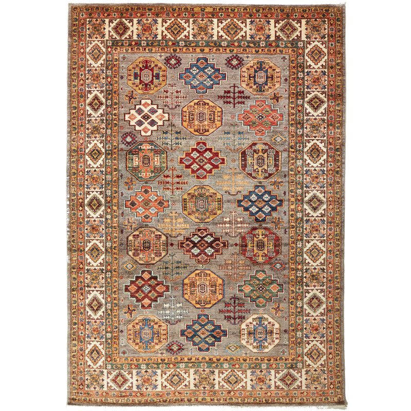 Tappeto Kazak Fine Pakistan Geometrico Grigio Policromo 210x