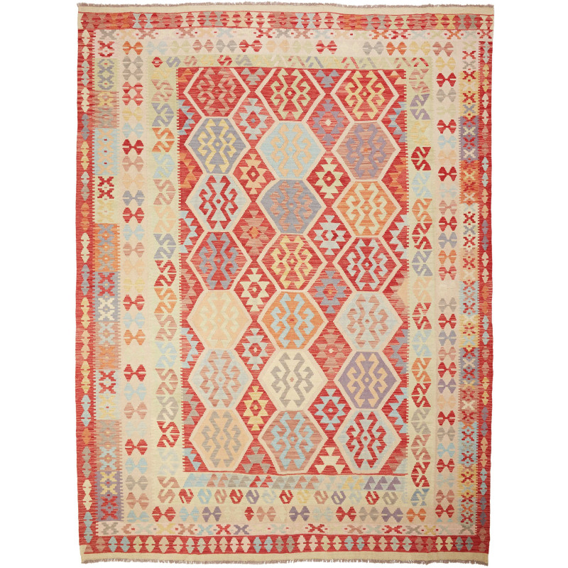 Tappeto Kilim Afghanistan Geometrico Rosso Beige 254x340 Cm