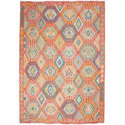 Tappeto Kilim Afghanistan Geometrico Terracotta Azzurro 208x