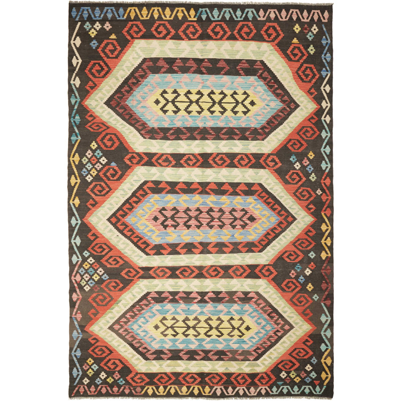 Tappeto Kilim Afghanistan Geometrico Marrone Policromo 202x3