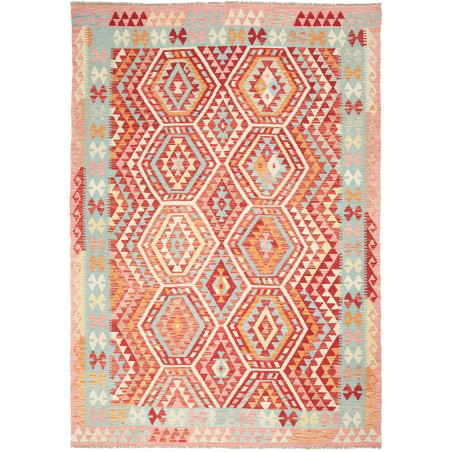 Tappeto Kilim Afghanistan Geometrico Rosso Turchese 197x282