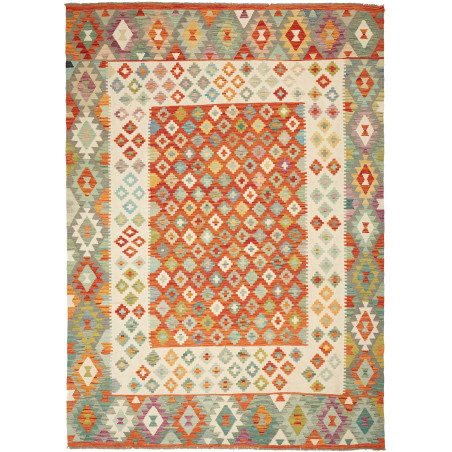 Tappeto Kilim Afghanistan Geometrico Arancio Azzurro 207x288