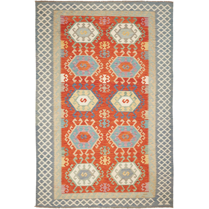 Tappeto Kilim Afghanistan Geometrico Arancio Azzurro 206x308