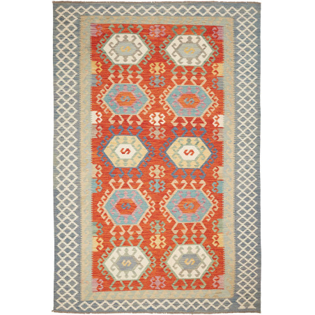 Tappeto Kilim Afghanistan Geometrico Arancio Azzurro 206x308