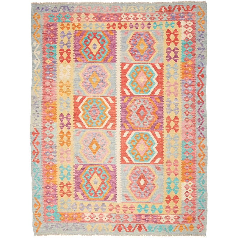Tappeto Kilim Afghanistan Geometrico Celeste Corallo 178x240