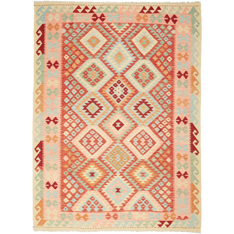 Tappeto Kilim Afghanistan Geometrico Crema Rosso 181x238 Cm