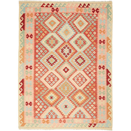 Tappeto Kilim Afghanistan Geometrico Crema Rosso 181x238 Cm