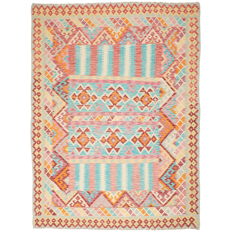 Tappeto Kilim Afghanistan Geometrico Azzurro Rosa 184x247 Cm