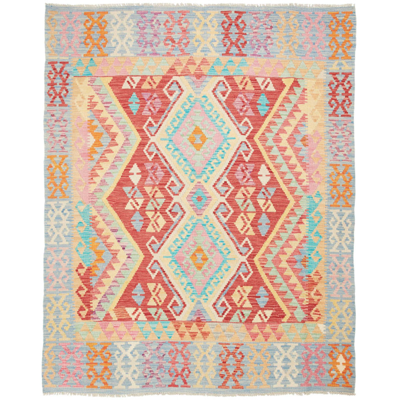 Tappeto Kilim Afghanistan Astratto Rosso Azzurro 154x190 Cm