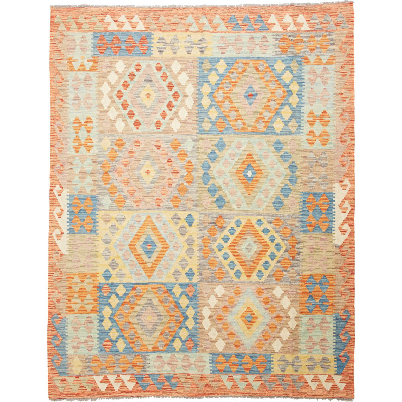Tappeto Kilim Afghanistan Geometrico Arancio Azzurro 153x195