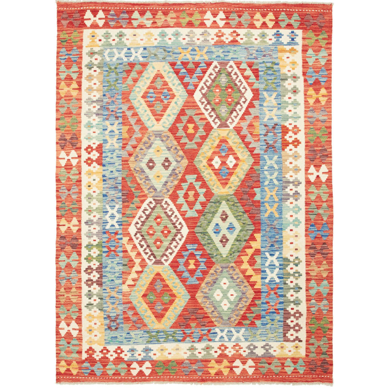 Tappeto Kilim Afghanistan Astratto Rosso Blu 154x209 Cm