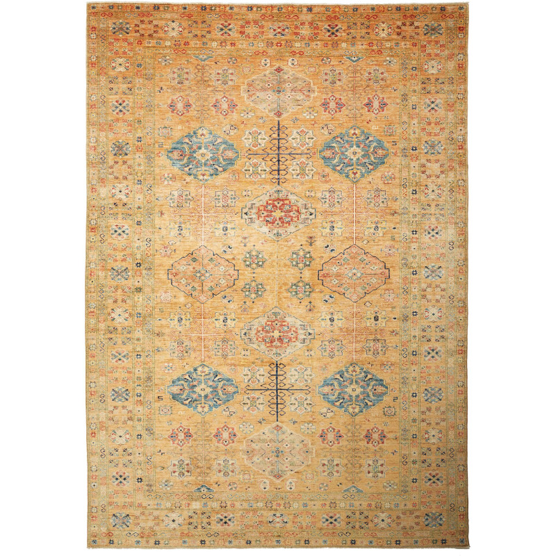 Tappeto Kazak Fine Pakistan Geometrico Ocra Blu 251x356 Cm