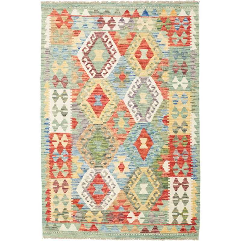 Tappeto Kilim Afghanistan Geometrico Verde Acqua Rosso 103x1