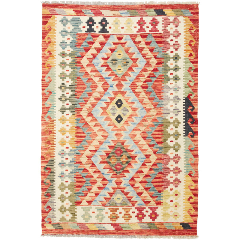 Tappeto Kilim Afghanistan Geometrico Rosso Blu 101x147 Cm