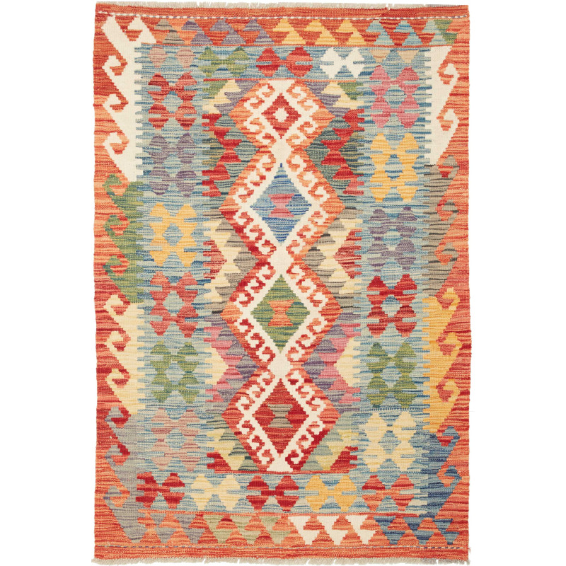 Tappeto Kilim Afghanistan Geometrico Arancio Blu 99x148 Cm