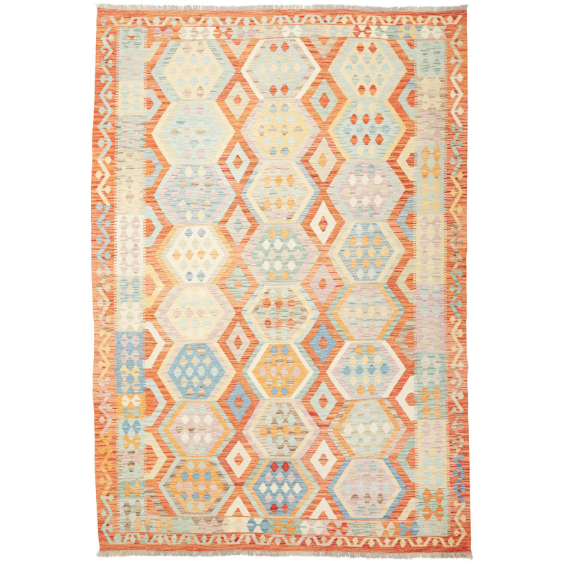 Tappeto Kilim Afghanistan Geometrico Arancio Azzurro Crema 2