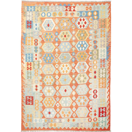 Tappeto Kilim Afghanistan Geometrico Terracotta Azzurro 205x