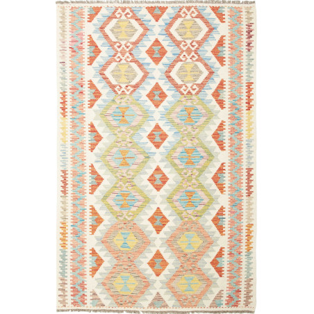 Tappeto Kilim Afghanistan Geometrico Crema Multicolore 124x1