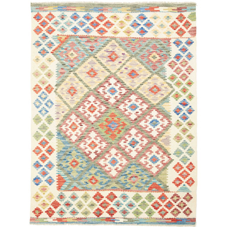Tappeto Kilim Afghanistan Geometrico Crema Rosso 132x178 Cm