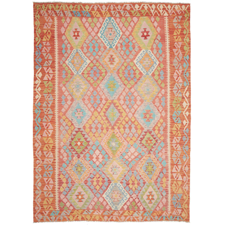 Tappeto Kilim Afghanistan Geometrico Salmone Azzurro 204x288
