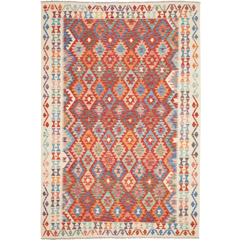 Tappeto Kilim Afghanistan Geometrico Terracotta Blu 204x300