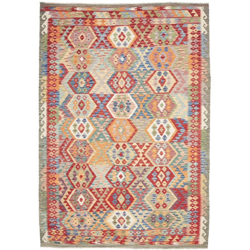 Tappeto Kilim Afghanistan Geometrico Multicolore Rosso 207x2