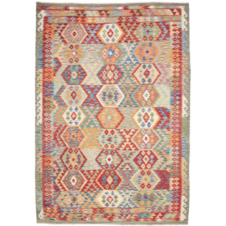 Tappeto Kilim Afghanistan Geometrico Multicolore Rosso 207x2