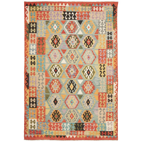 Tappeto Kilim Afghanistan Geometrico Azzurro Arancione 209x3