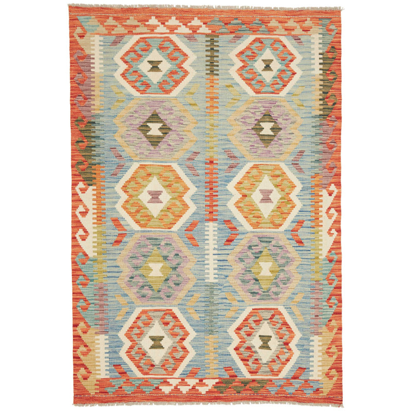 Tappeto Kilim Afghanistan Geometrico Azzurro Arancio 123x180