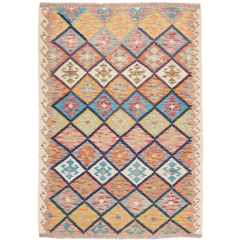 Tappeto Kilim Afghanistan Astratto Multicolore Vibrante 131x
