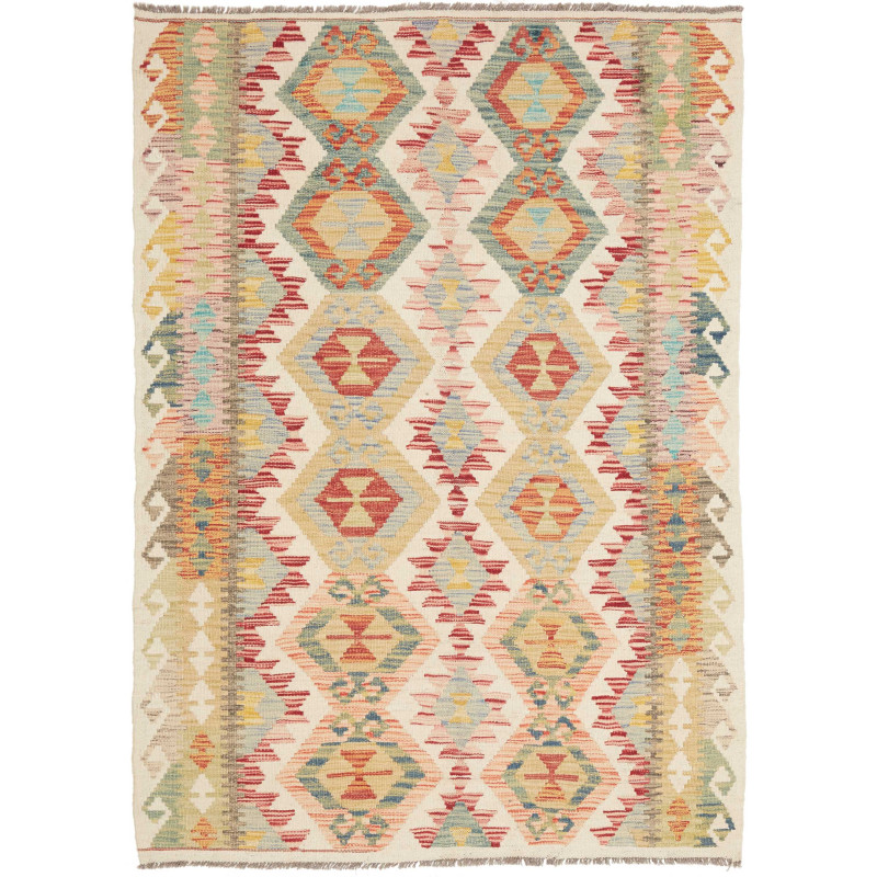 Tappeto Kilim Afghanistan Geometrico Multicolore Crema 123x1