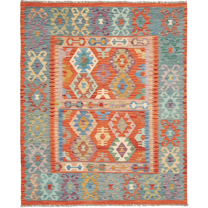 Tappeto Kilim Afghanistan Geometrico Arancione Azzurro 157x1