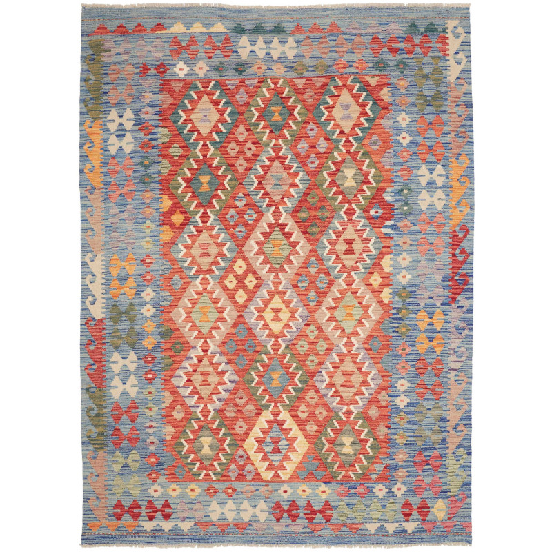 Tappeto Kilim Afghanistan Geometrico Blu Rosso 173x241 Cm