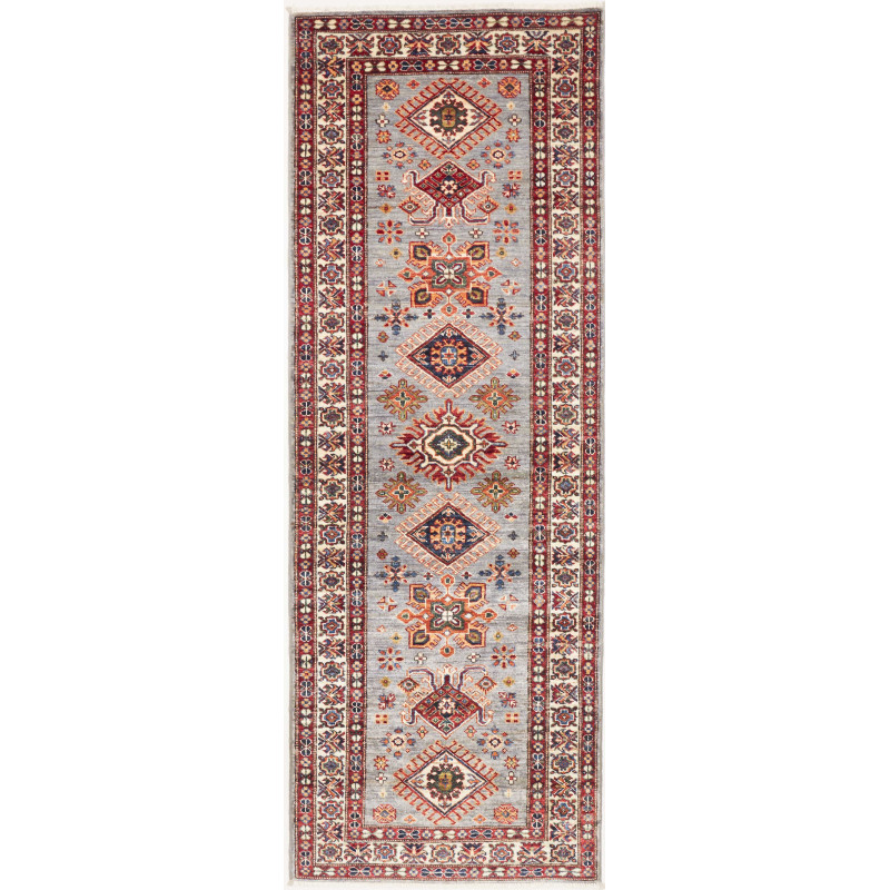 Tappeto Kazak Fine Pakistan Geometrico Grigio Azzurro Rosso
