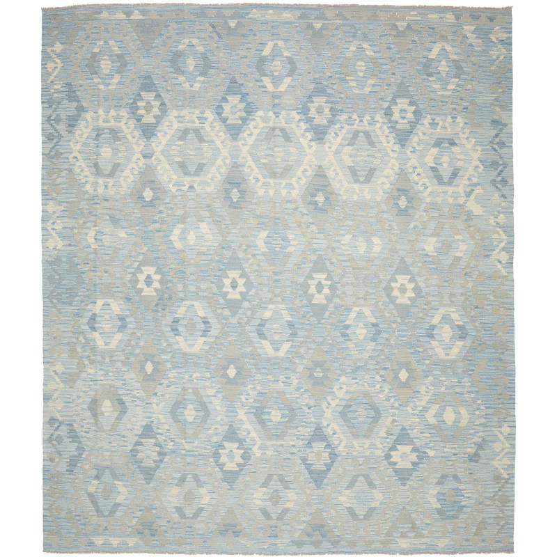 Tappeto Kilim Afghanistan Geometrico Blu Grigio 264x303 Cm