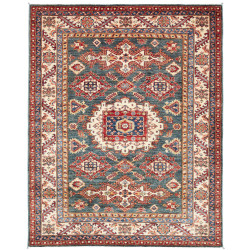 Tappeto Kazak Fine Pakistan Medaglione Blu Petrolio Rosso 15