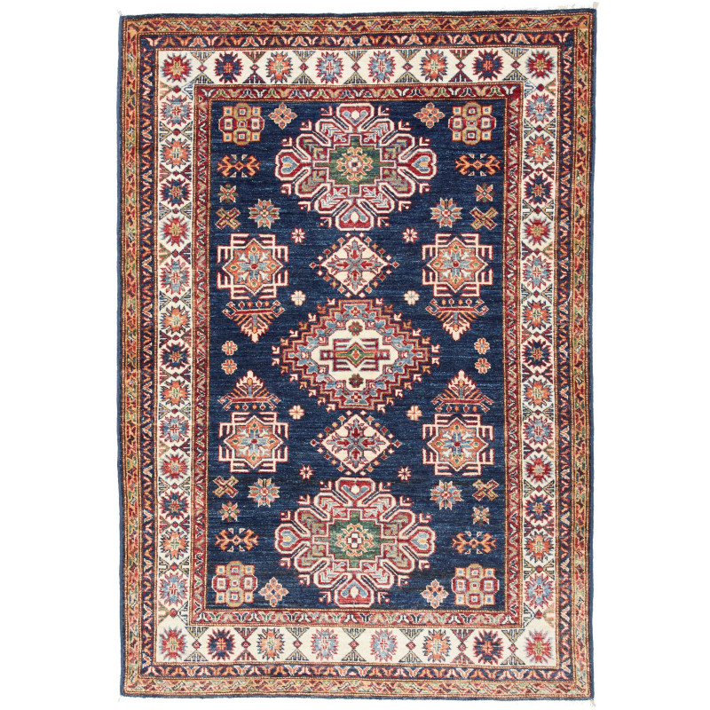 Tappeto Kazak Fine Pakistan Medaglione Blu Rosso 127x182 Cm