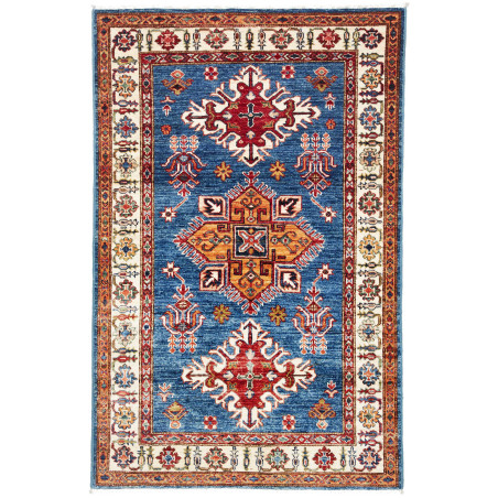Tappeto Kazak Fine Pakistan Geometrico Blu Rosso 103x158 Cm