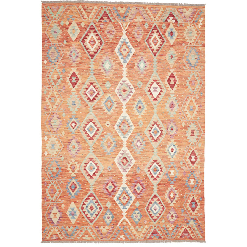 Tappeto Kilim Afghanistan Geometrico Arancio Azzurro 205x298
