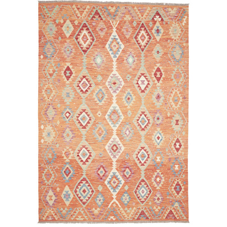 Tappeto Kilim Afghanistan Geometrico Arancio Azzurro 205x298