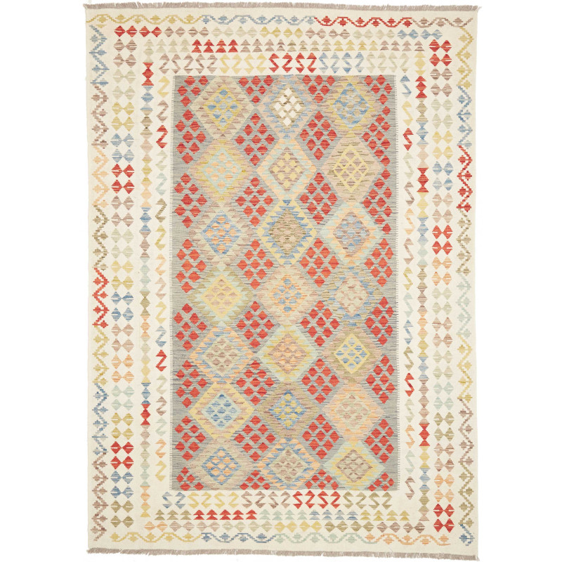 Tappeto Kilim Afghanistan Geometrico Bianco Policromo 207x29
