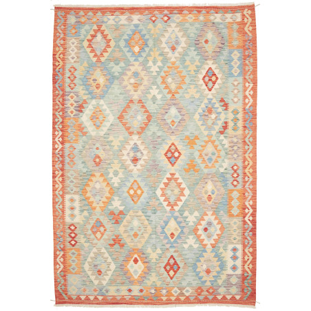 Tappeto Kilim Afghanistan Geometrico Celeste Arancio 198x296