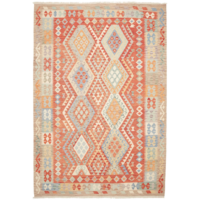 Tappeto Kilim Afghanistan Geometrico Terracotta Celeste 209x