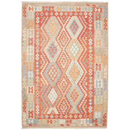 Tappeto Kilim Afghanistan Geometrico Terracotta Celeste 209x