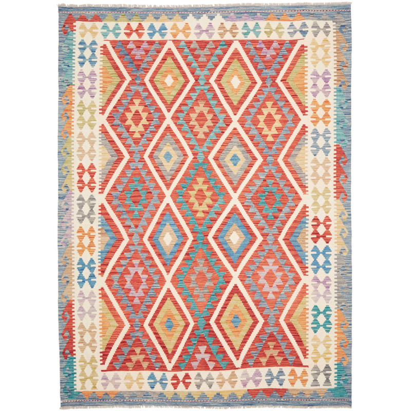 Tappeto Kilim Afghanistan Geometrico Rosso Blu 178x241 Cm