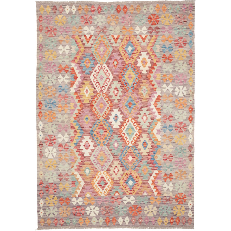 Tappeto Kilim Afghanistan Geometrico Grigio Rosso 174x241 Cm