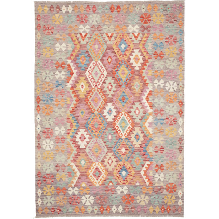 Tappeto Kilim Afghanistan Geometrico Grigio Rosso 174x241 Cm