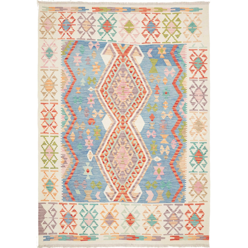 Tappeto Kilim Afghanistan Geometrico Blu Pastello Crema 176x