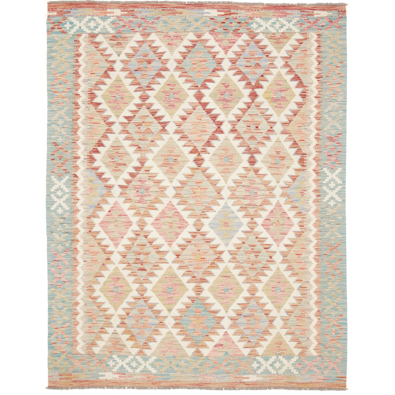 Tappeto Kilim Afghanistan Geometrico Bianco Azzurro 153x196