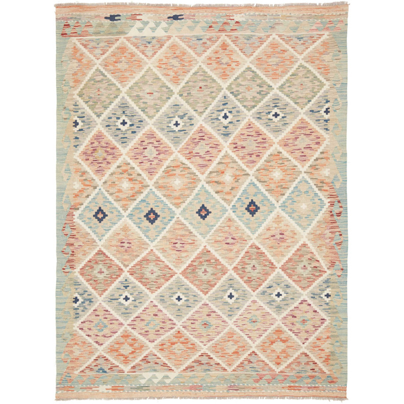 Tappeto Kilim Afghanistan Geometrico Celeste Pesca 151x207 C